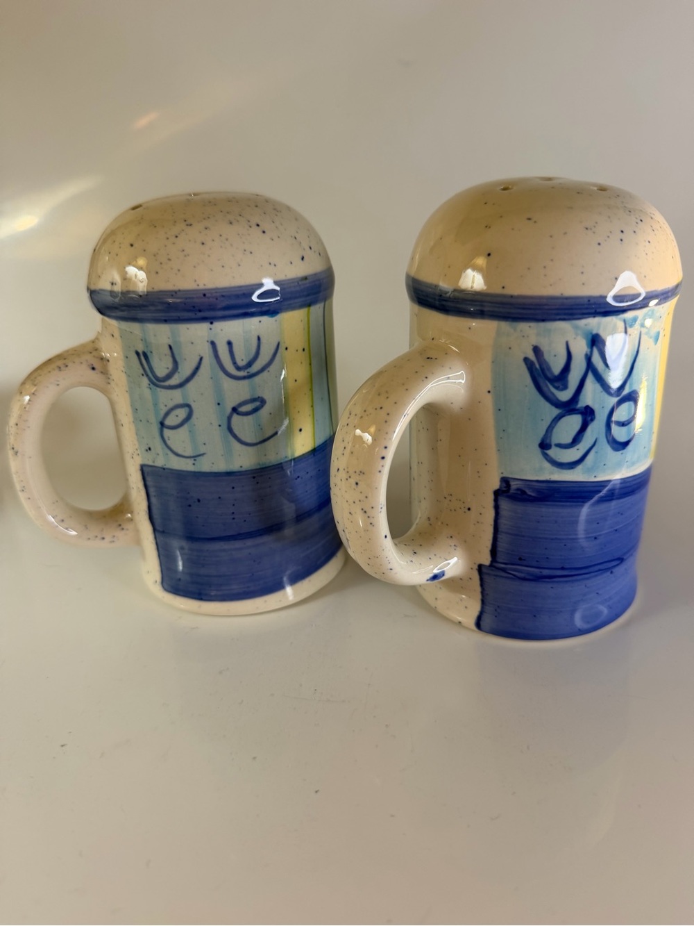 Vintage Hand-Painted Blue Pattern Ceramic Salt and Pepper Shakers